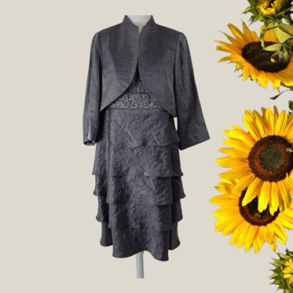 R&M RICHARDS SHIMMERY GRAY 2PC TIERED EMPIRE STYLE DRESS & MATCHING BALERO SZ 14